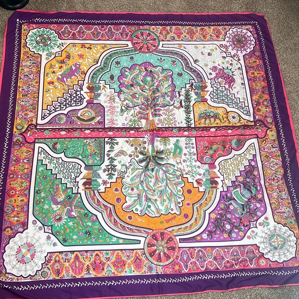 GARDEN OF EDEN BANDANA 100% silk scarf 51” square. Vibrant purple pink green